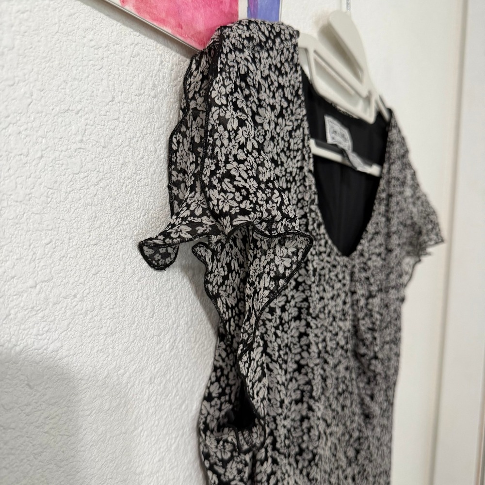 Live a Little VTG 90s Black Floral Rayon Midi Dress L Flutter Sleeve Romantic - Picture 5 of 7